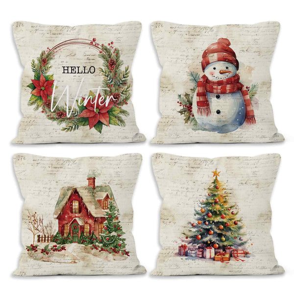 Vintage Winter Christmas Throw Pillow Covers 18x18 Set of 4, Snowman Christmas Tree Home Decor