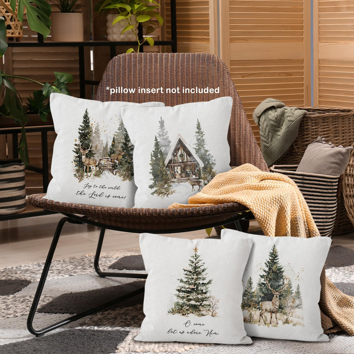 Christian Christmas Tree Reindeer Throw Pillow Covers 18x18 Set of 4, Winter Forest Deer Rustic Farmhouse Decor