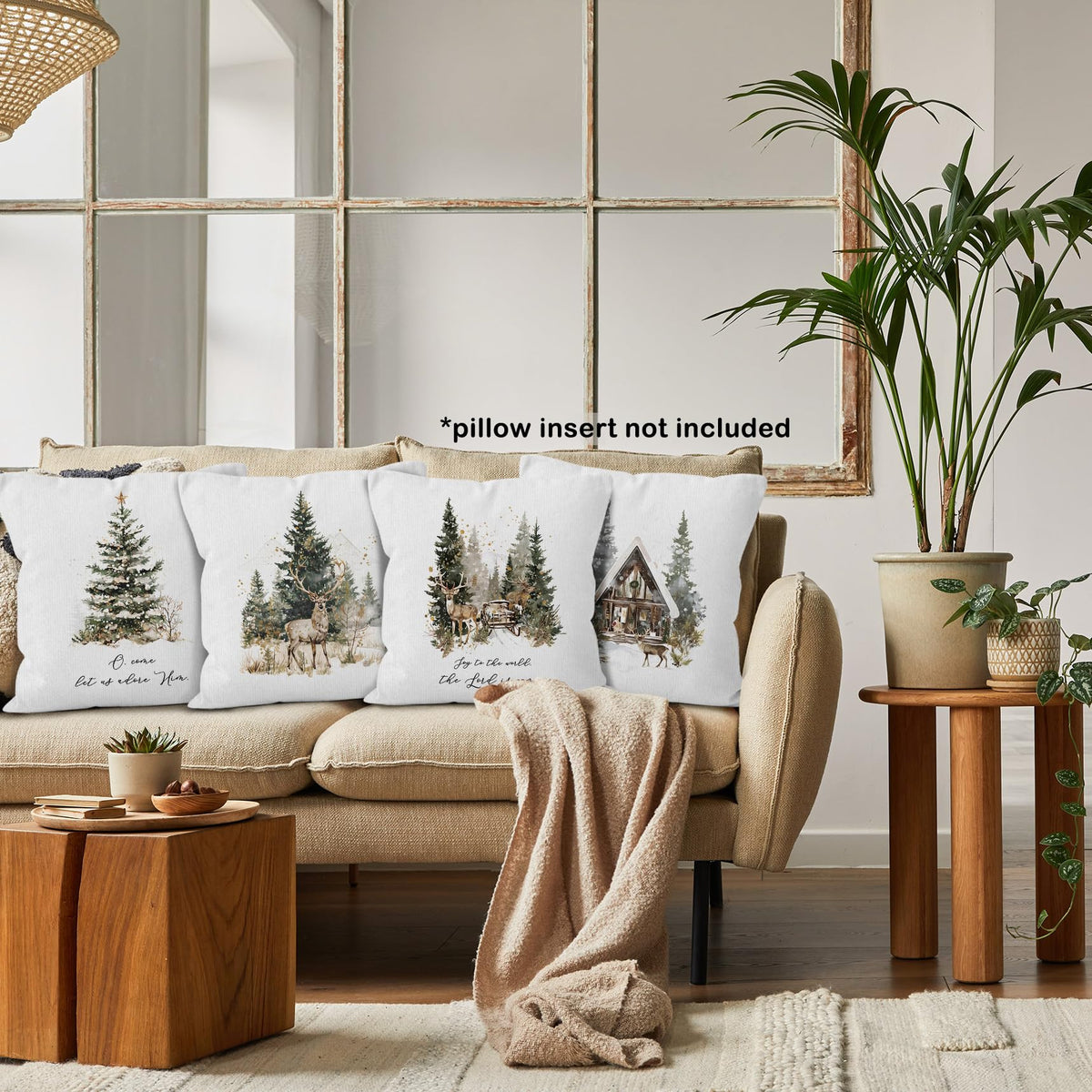 Christian Christmas Tree Reindeer Throw Pillow Covers 18x18 Set of 4, Winter Forest Deer Rustic Farmhouse Decor
