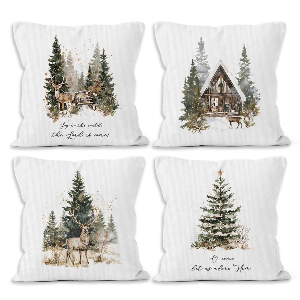 Christian Christmas Tree Reindeer Throw Pillow Covers 18x18 Set of 4, Winter Forest Deer Rustic Farmhouse Decor
