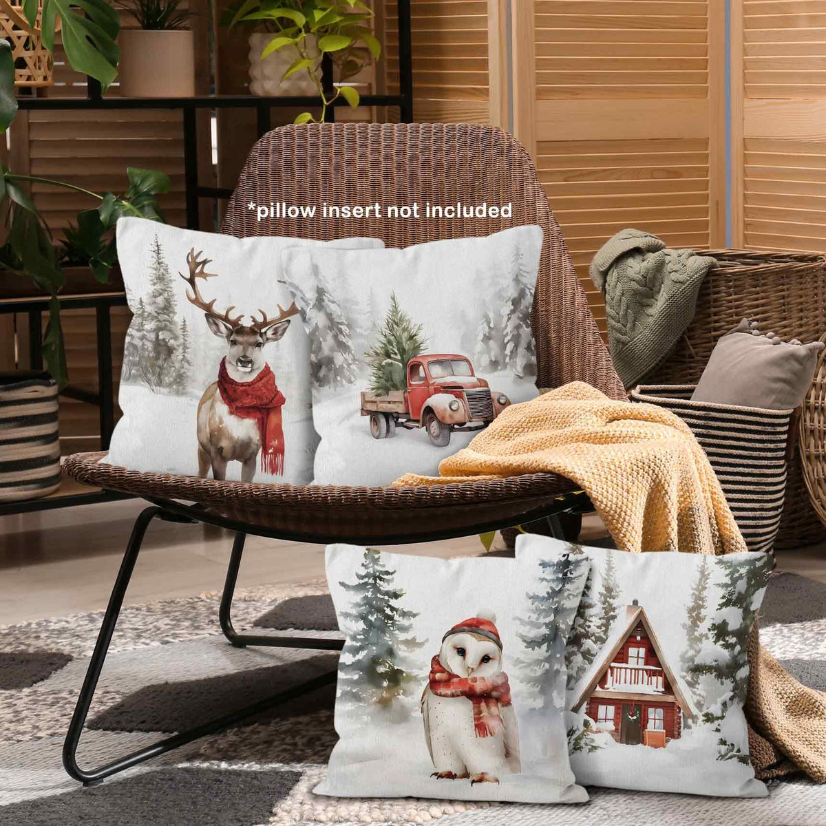 Winter Christmas Woodland Animals Throw Pillow Covers 18x18 Set of 4, Deer Reindeer Owl with Red Scarf Decor