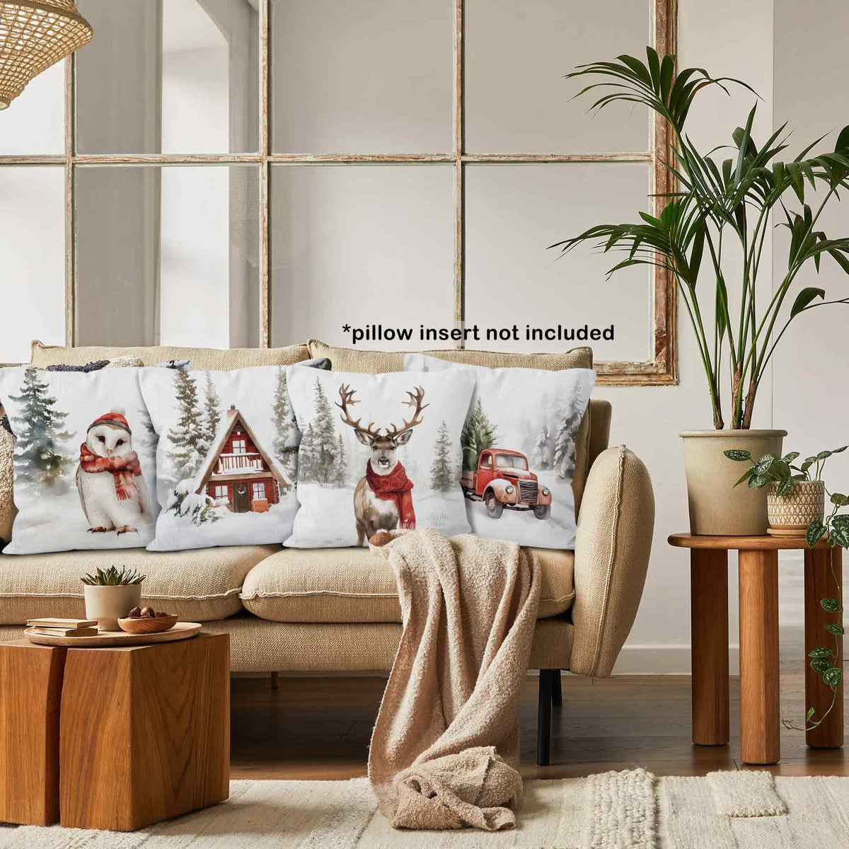 Winter Christmas Woodland Animals Throw Pillow Covers 18x18 Set of 4, Deer Reindeer Owl with Red Scarf Decor