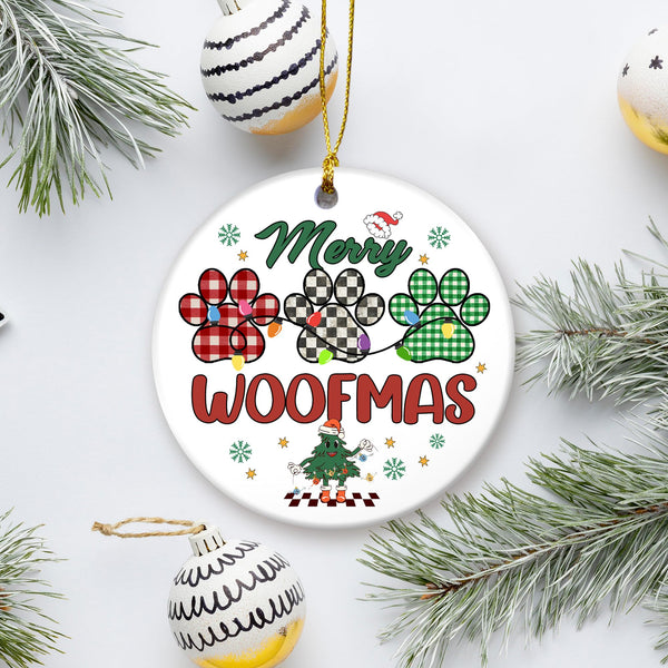 Pet Christmas Ornament 2025 | Merry Woofmas Ornament, Paw Print Ceramic Christmas Ornament