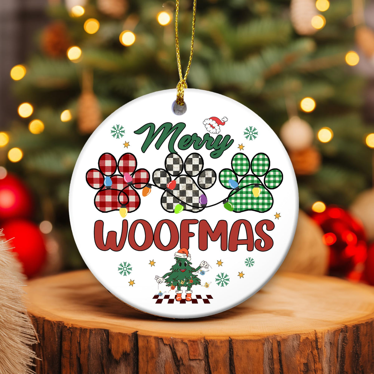 Pet Christmas Ornament 2025 | Merry Woofmas Ornament, Paw Print Ceramic Christmas Ornament
