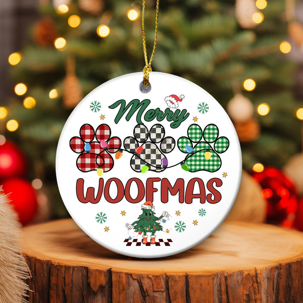 Pet Christmas Ornament 2025 | Merry Woofmas Ornament, Paw Print Ceramic Christmas Ornament