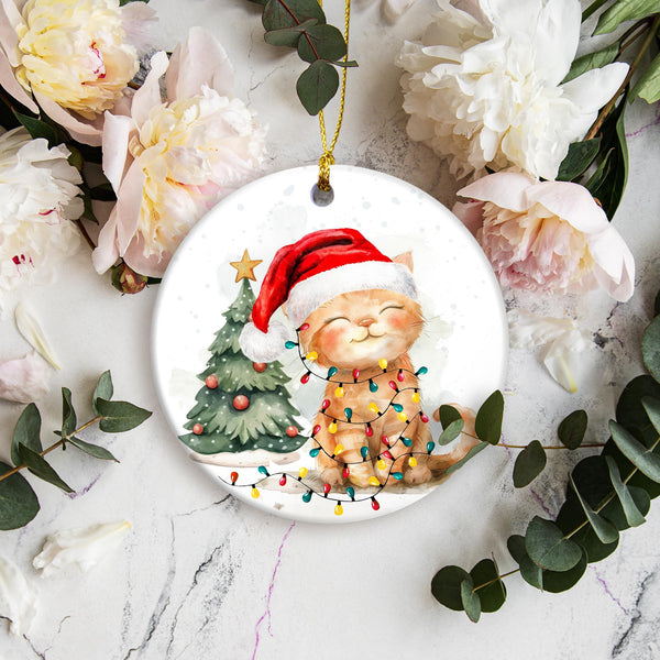 Meowy Cat Christmas Ornament – Adorable Kitten with Santa Hat and Fairy Lights Ornament