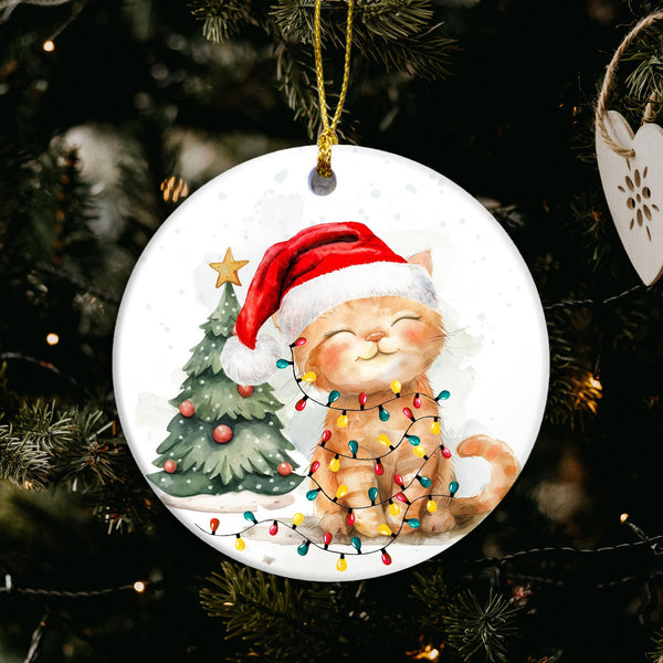 Meowy Cat Christmas Ornament – Adorable Kitten with Santa Hat and Fairy Lights Ornament
