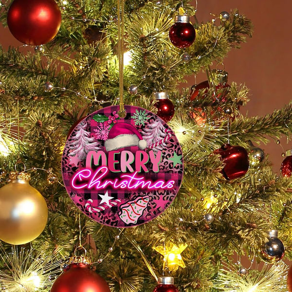 Merry Christmas Ornament for Christmas Tree Decorations, Pink Ceramic Ornament Hanging Decorations, Xmas Gifts for Ladies