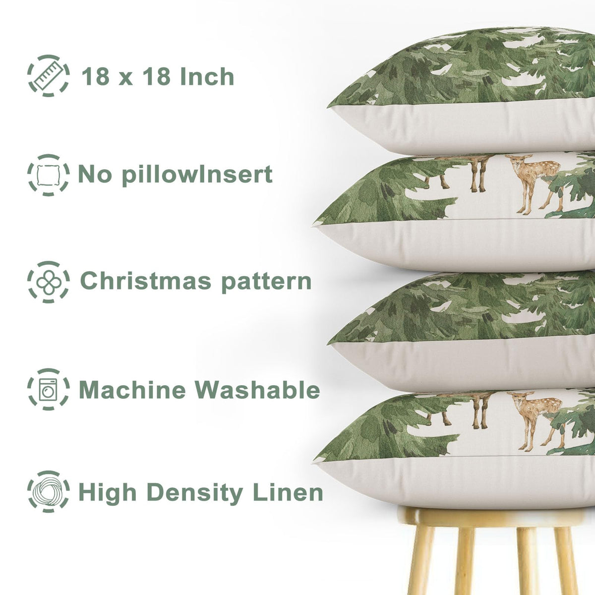 Christmas Pine Tree Pillow Covers 18×18 Inch, Winter Snow Forest Deer Throw Pillow Covers