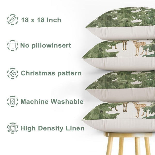 Christmas Pine Tree Pillow Covers 18×18 Inch, Winter Snow Forest Deer Throw Pillow Covers