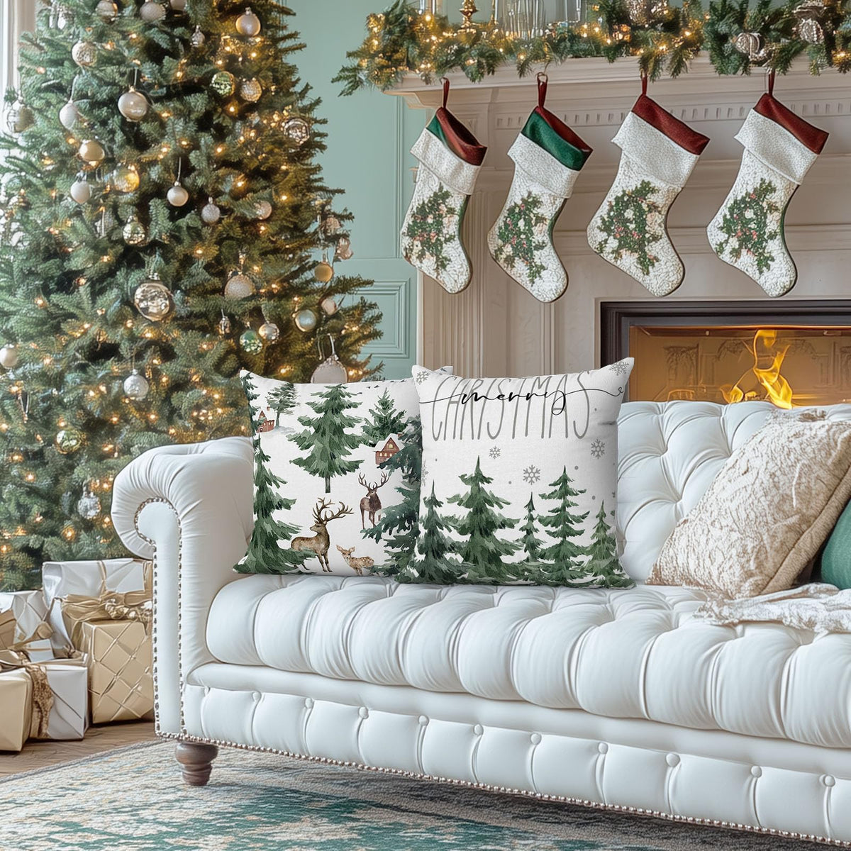Christmas Pine Tree Pillow Covers 18×18 Inch, Winter Snow Forest Deer Throw Pillow Covers