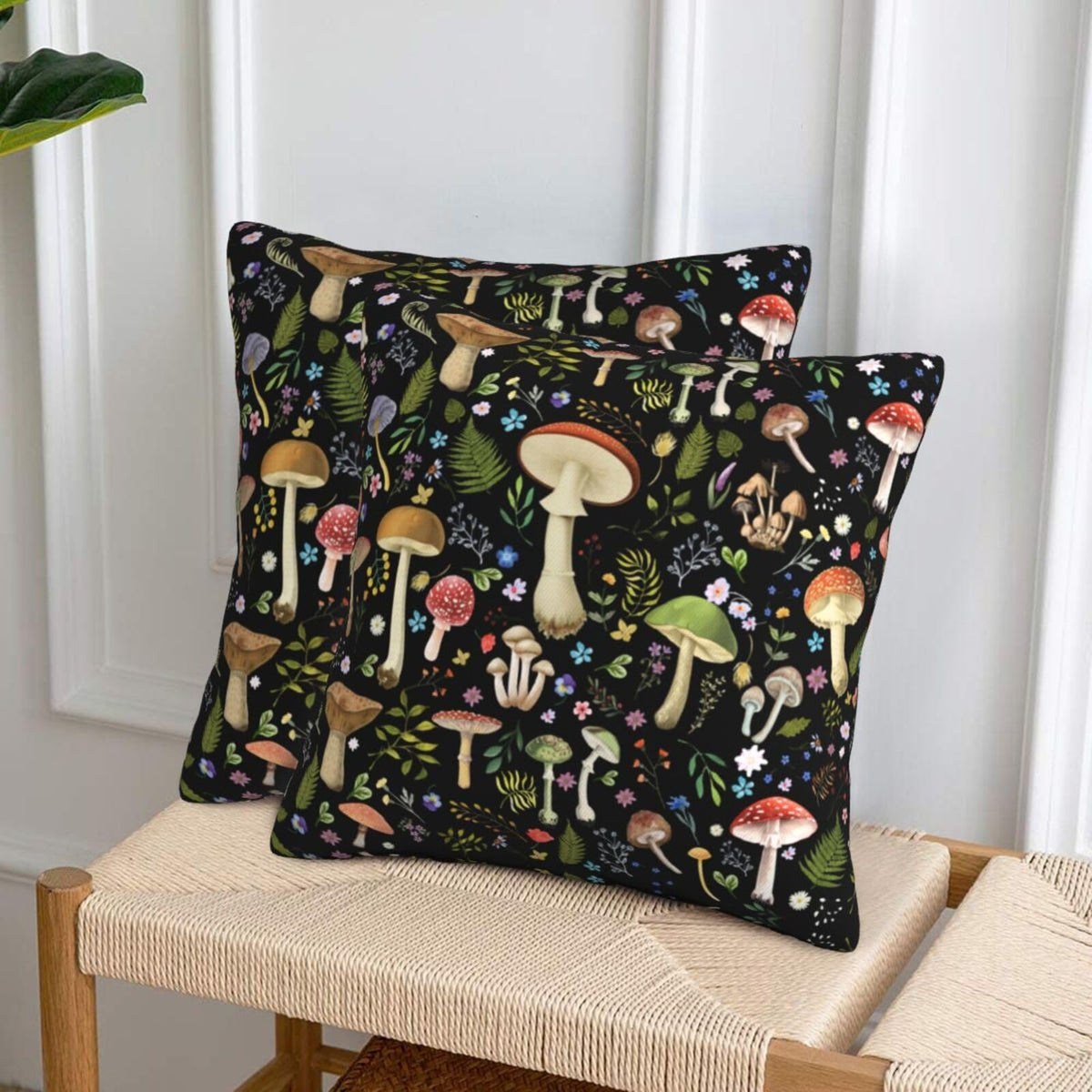 Mushroom Flower Farmhouse Throw Pillow Covers 18x18 in Black Pillow Case Soft