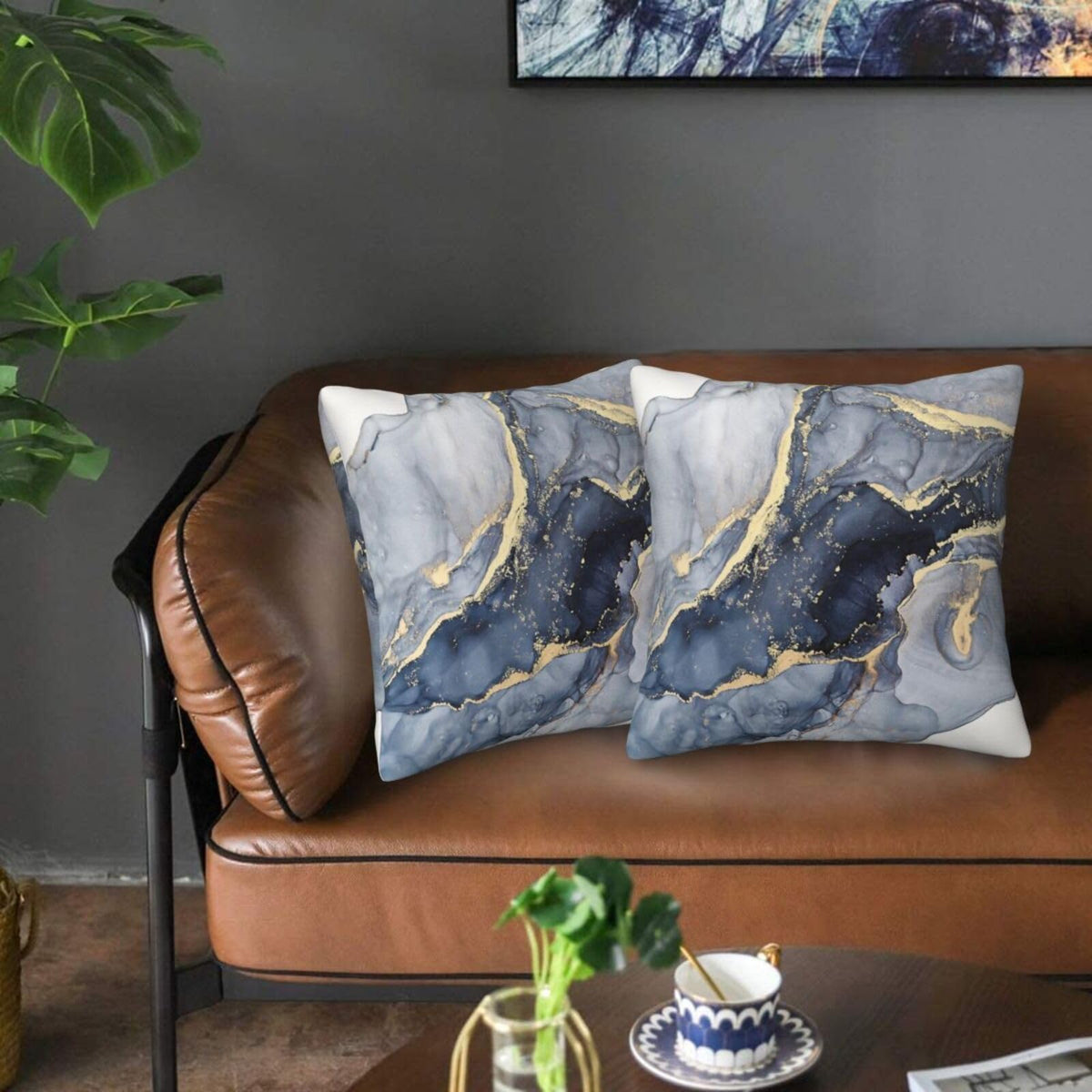 Modern Abstract Marble Blue and Gold Farmhouse Throw Pillow Covers 18x18 Inch