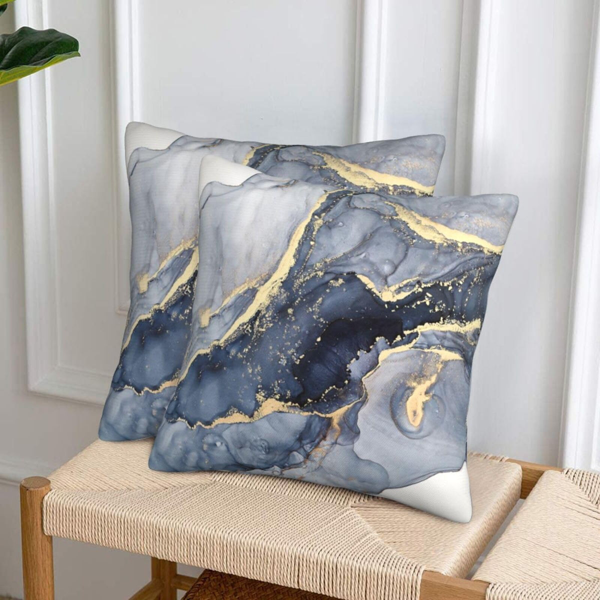 Modern Abstract Marble Blue and Gold Farmhouse Throw Pillow Covers 18x18 Inch