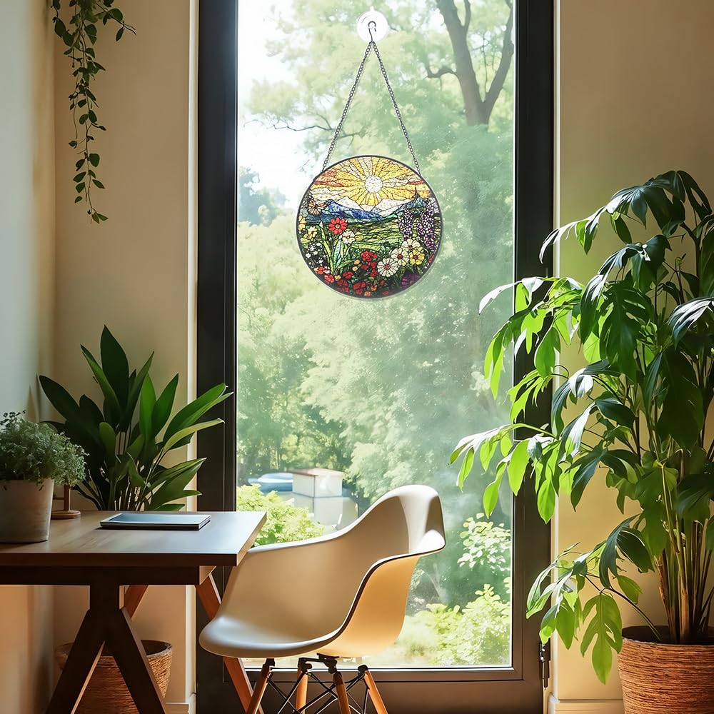 Mountain Wildflowers Stained Glass Suncatcher for Windows - Vibrant Sun Catchers Indoor Hanging Decor
