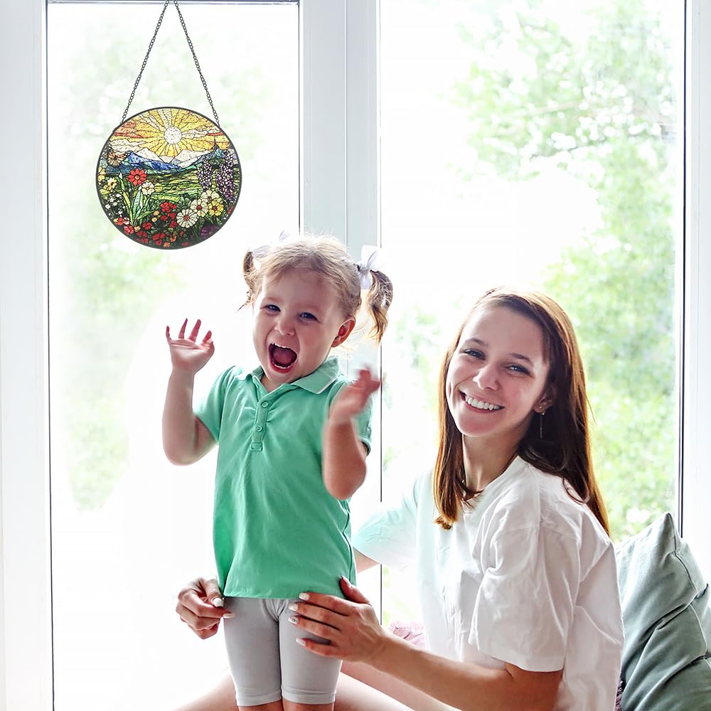 Mountain Wildflowers Stained Glass Suncatcher for Windows - Vibrant Sun Catchers Indoor Hanging Decor