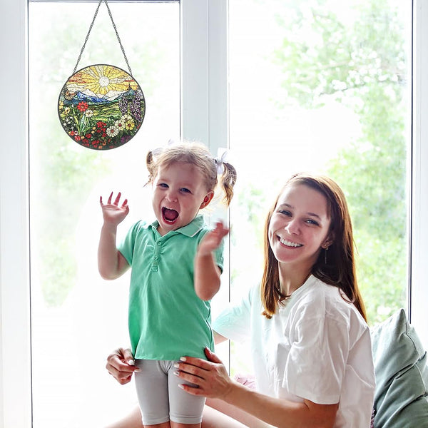 Mountain Wildflowers Stained Glass Suncatcher for Windows - Vibrant Sun Catchers Indoor Hanging Decor
