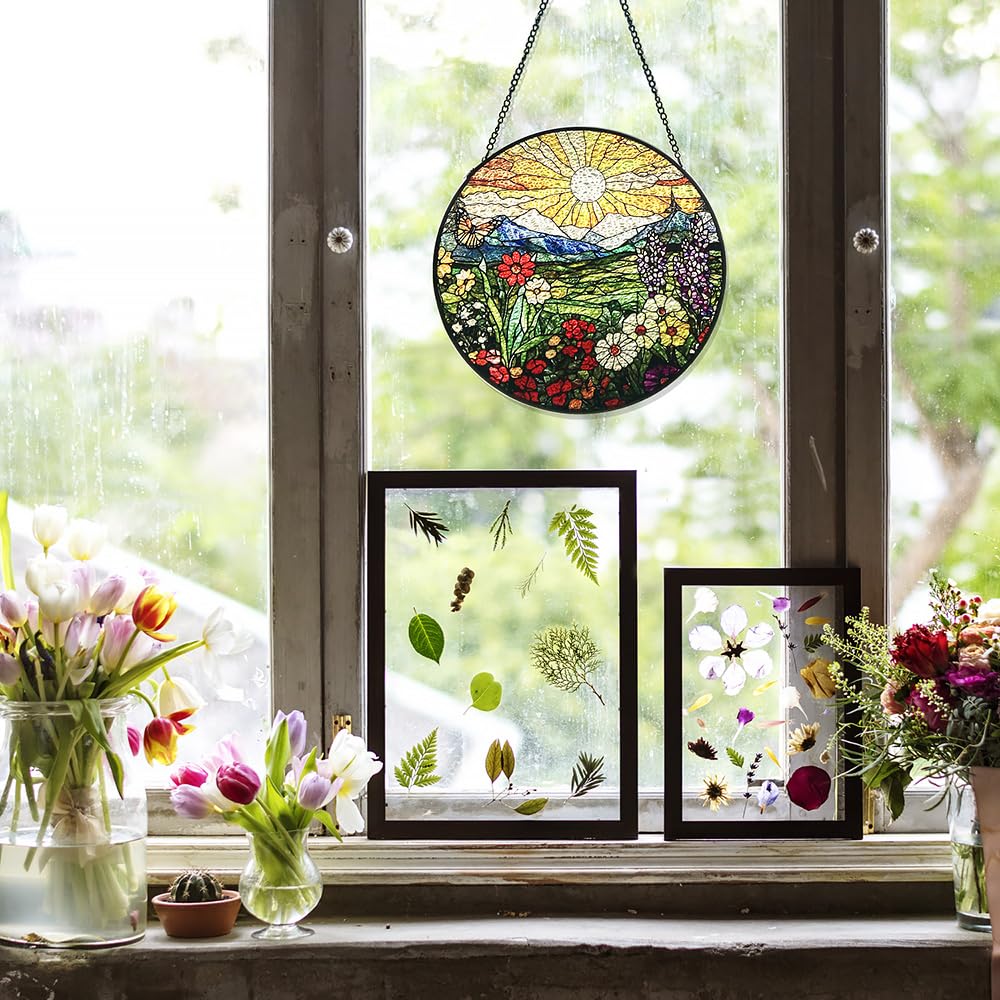 Mountain Wildflowers Stained Glass Suncatcher for Windows - Vibrant Sun Catchers Indoor Hanging Decor