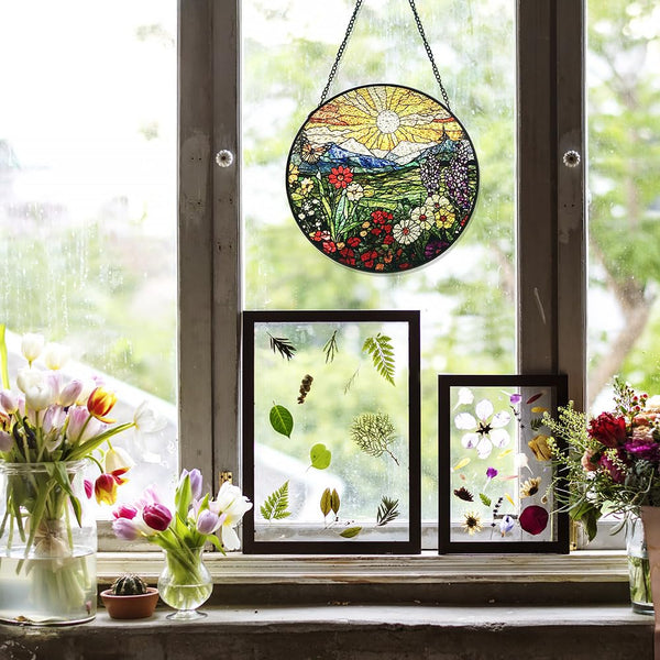 Mountain Wildflowers Stained Glass Suncatcher for Windows - Vibrant Sun Catchers Indoor Hanging Decor