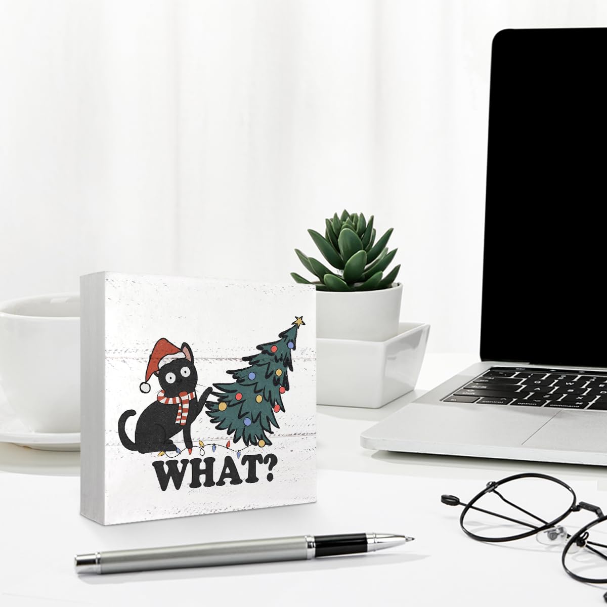 Cat Christmas Decor Sign,Funny Cat What Gifts for Cat Lovers,Rustic Christmas Tree Black Cat Wooden Box Signs