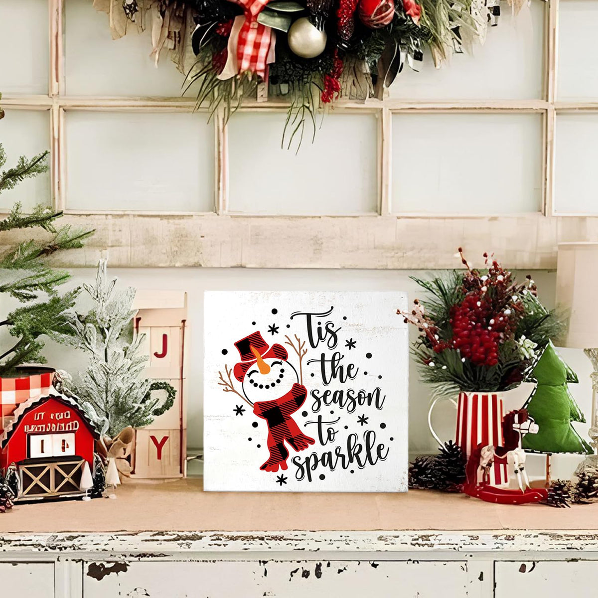 Christmas Snowman Decor Sign,Winter Tis the Season to Sparkle Snowman Wooden Box Sign