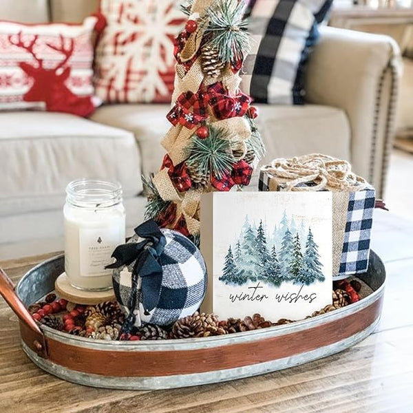 Christmas Winter Decor Sign,Winter Wishes Christmas Wood Box Decorations,Rustic Christmas Snow Trees Signs