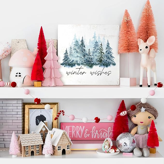 Christmas Winter Decor Sign,Winter Wishes Christmas Wood Box Decorations,Rustic Christmas Snow Trees Signs