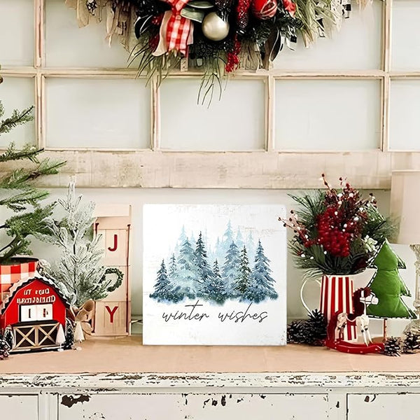 Christmas Winter Decor Sign,Winter Wishes Christmas Wood Box Decorations,Rustic Christmas Snow Trees Signs