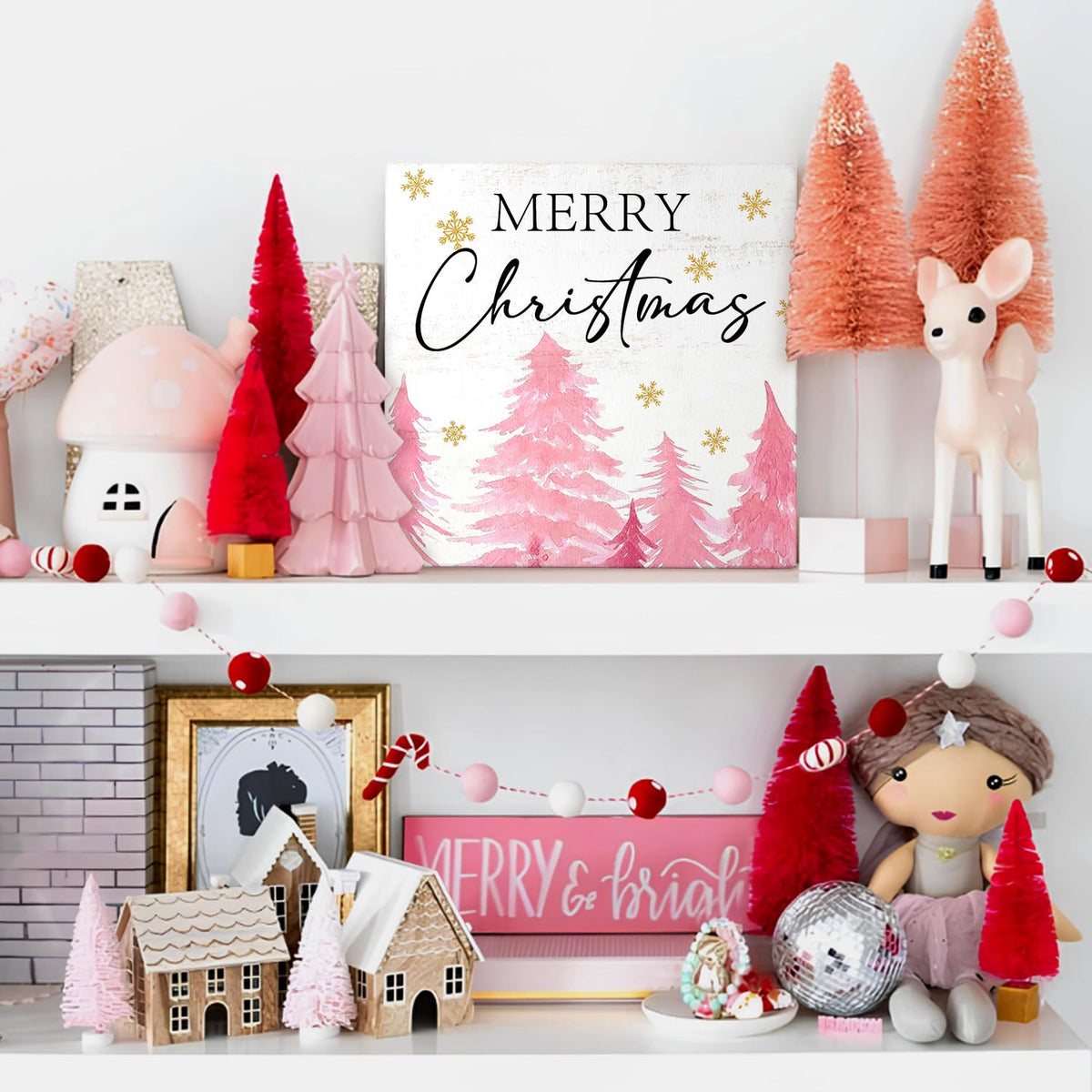 Pink Christmas Decor Wooden Box Decor Sign,Rustic Merry Christmas Signs for Bedroom Bathroom Home Office Desk Shelf Table Wall Decor