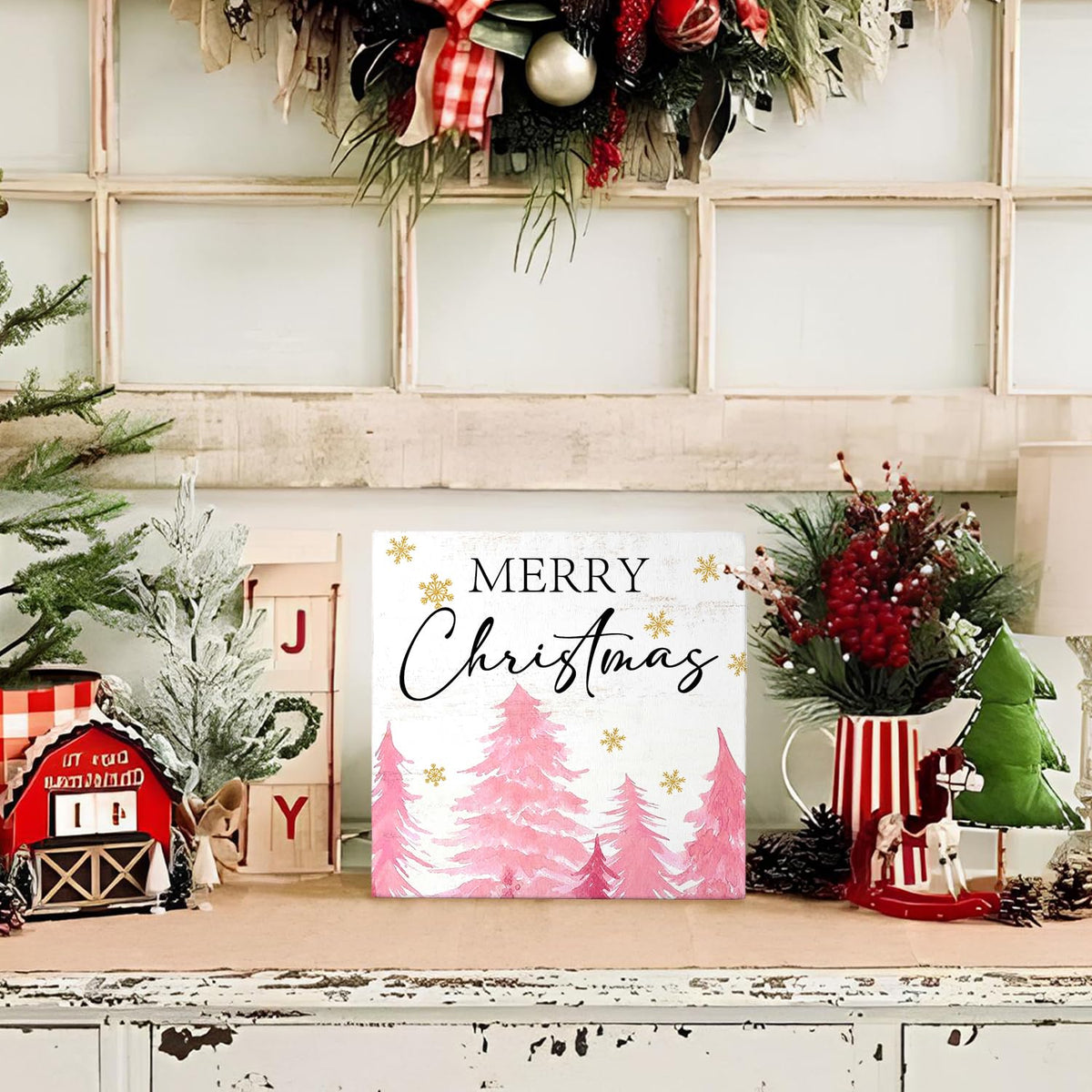 Pink Christmas Decor Wooden Box Decor Sign,Rustic Merry Christmas Signs for Bedroom Bathroom Home Office Desk Shelf Table Wall Decor