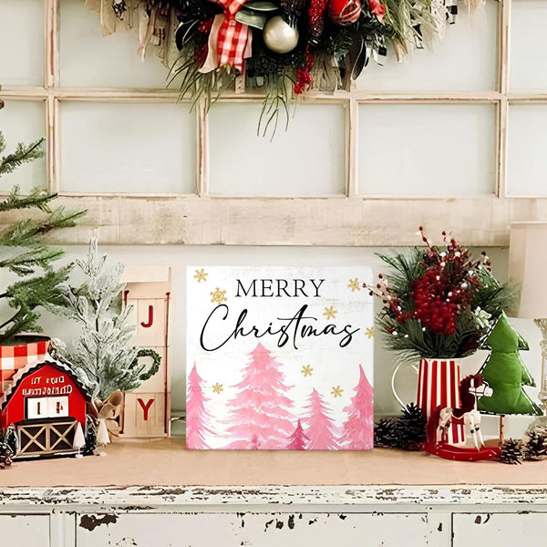 Pink Christmas Decor Wooden Box Decor Sign,Rustic Merry Christmas Signs for Bedroom Bathroom Home Office Desk Shelf Table Wall Decor