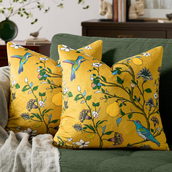 Yellow Floral Pillow Covers 18x18 Set of 2, Velvet Wild Flower Plant Throw Pillows Case