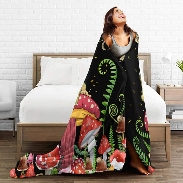 Mystical Forest Frog and Mushroom Throw Blanket - Soft Flannel Plush Blanket for Bed, Couch, Sofa