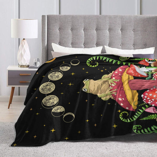 Mystical Forest Frog and Mushroom Throw Blanket - Soft Flannel Plush Blanket for Bed, Couch, Sofa