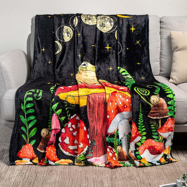 Mystical Forest Frog and Mushroom Throw Blanket - Soft Flannel Plush Blanket for Bed, Couch, Sofa