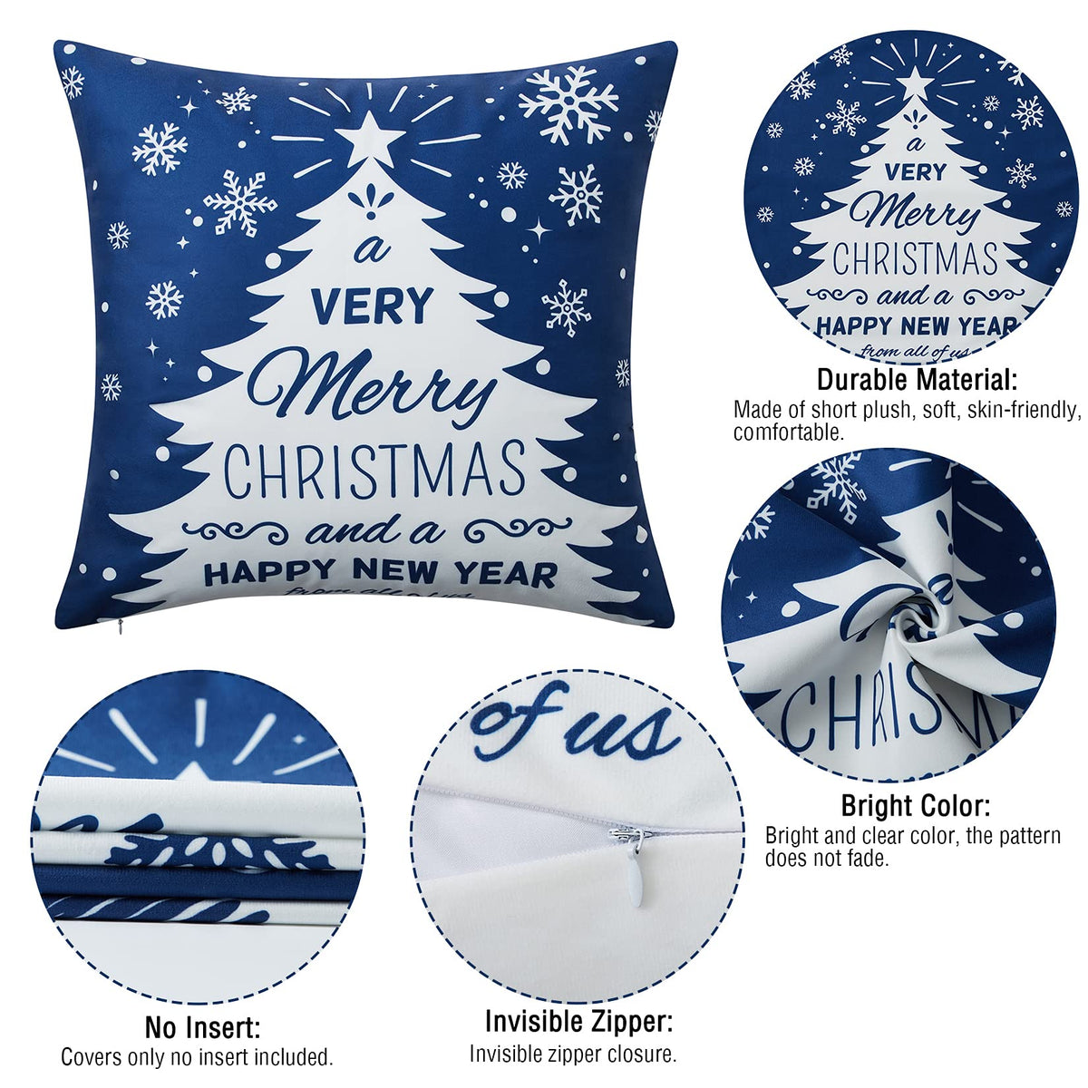Christmas Pillow Covers 18X18 Inch Set of 4 Navy Blue Christmas Pillow Cases Snowflake Merry Christmas