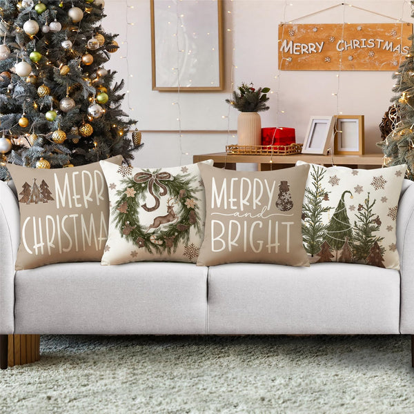 Christmas Pillow Covers 18x18 Set of 4 Brown Christmas Decorations Wooden Xmas Tree Snowman