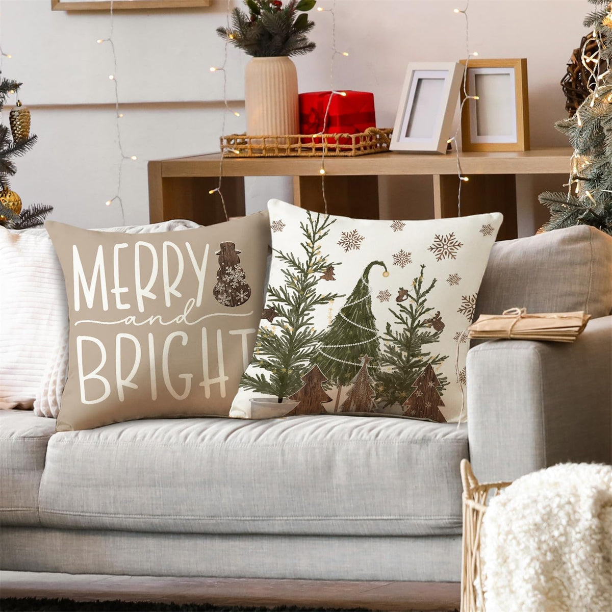 Christmas Pillow Covers 18x18 Set of 4 Brown Christmas Decorations Wooden Xmas Tree Snowman