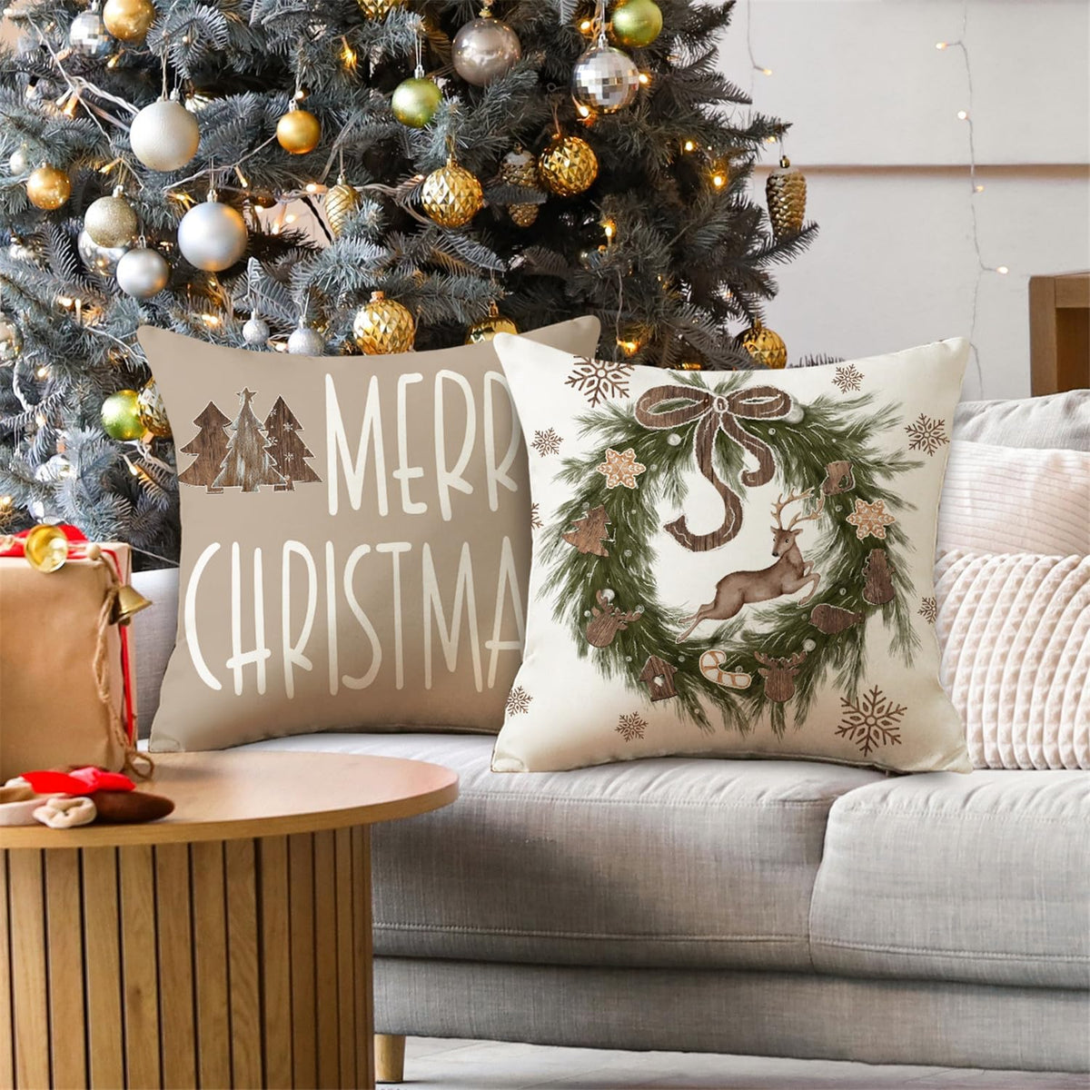 Christmas Pillow Covers 18x18 Set of 4 Brown Christmas Decorations Wooden Xmas Tree Snowman