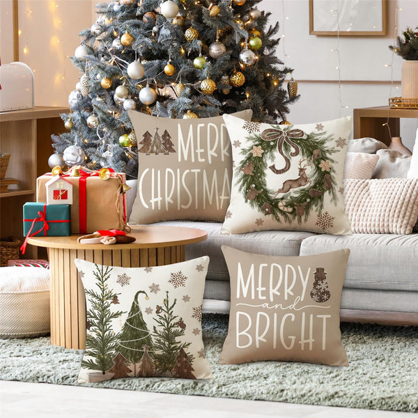 Christmas Pillow Covers 18x18 Set of 4 Brown Christmas Decorations Wooden Xmas Tree Snowman
