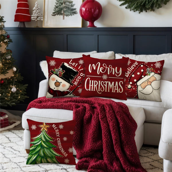Christmas Pillow Covers 18x18 Set of 4 Red Christmas Decorations Let It Snow Snowman Believe Santa Claus