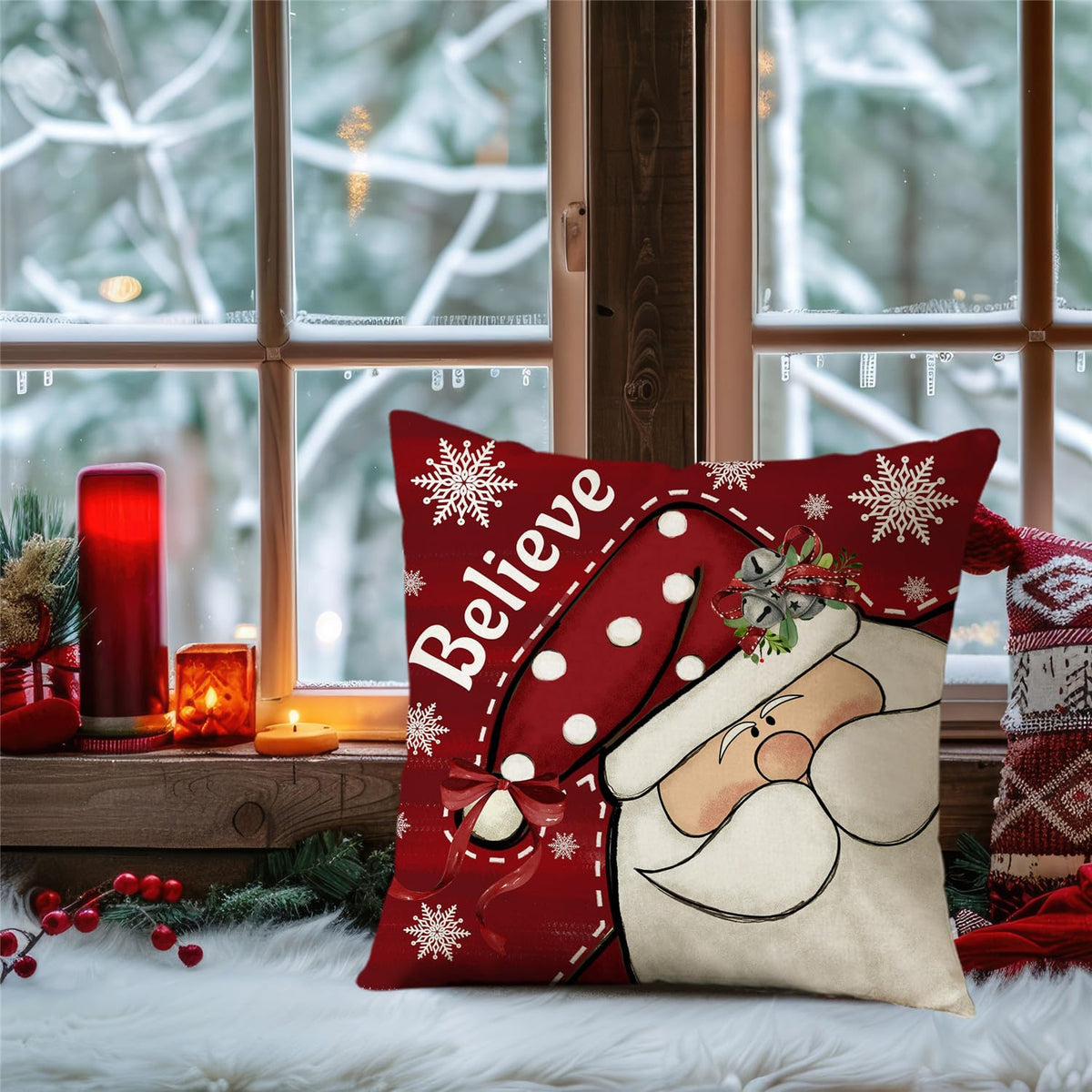 Christmas Pillow Covers 18x18 Set of 4 Red Christmas Decorations Let It Snow Snowman Believe Santa Claus