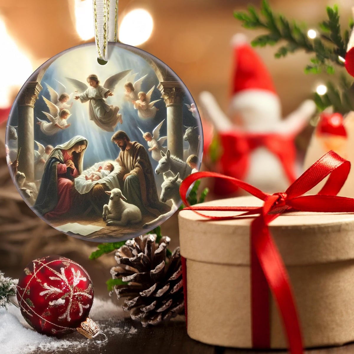Nativity Christmas Decorations, 3 Inch Ceramic Religious Christmas Ornament, Christmas Tree Ornaments, Christian Gifts for Kids