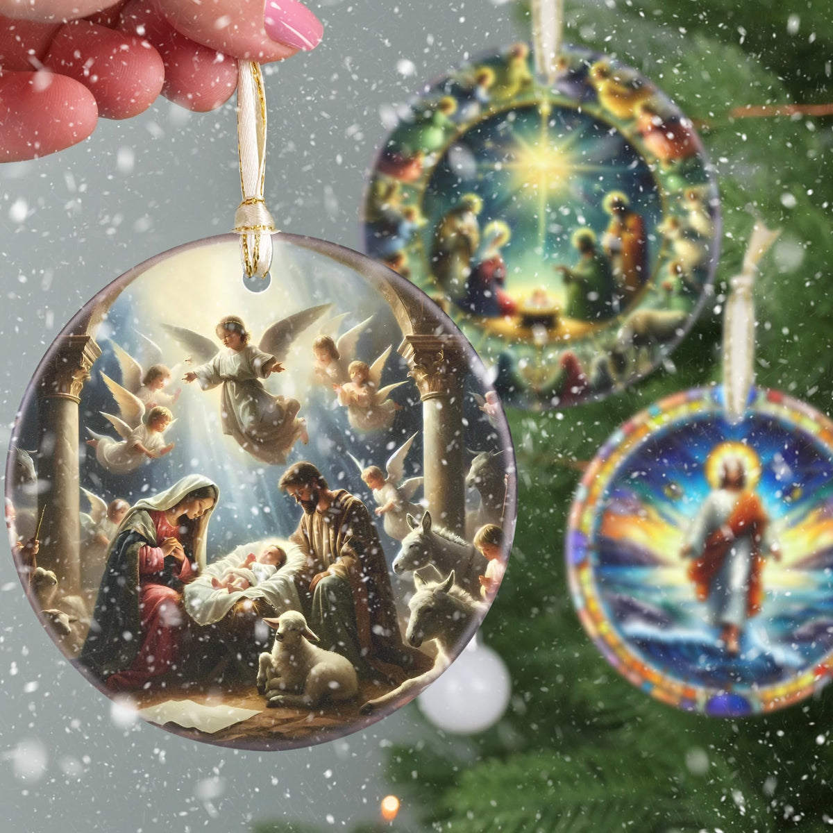 Nativity Christmas Decorations, 3 Inch Ceramic Religious Christmas Ornament, Christmas Tree Ornaments, Christian Gifts for Kids