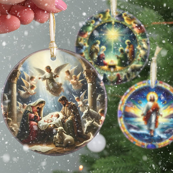 Nativity Christmas Decorations, 3 Inch Ceramic Religious Christmas Ornament, Christmas Tree Ornaments, Christian Gifts for Kids
