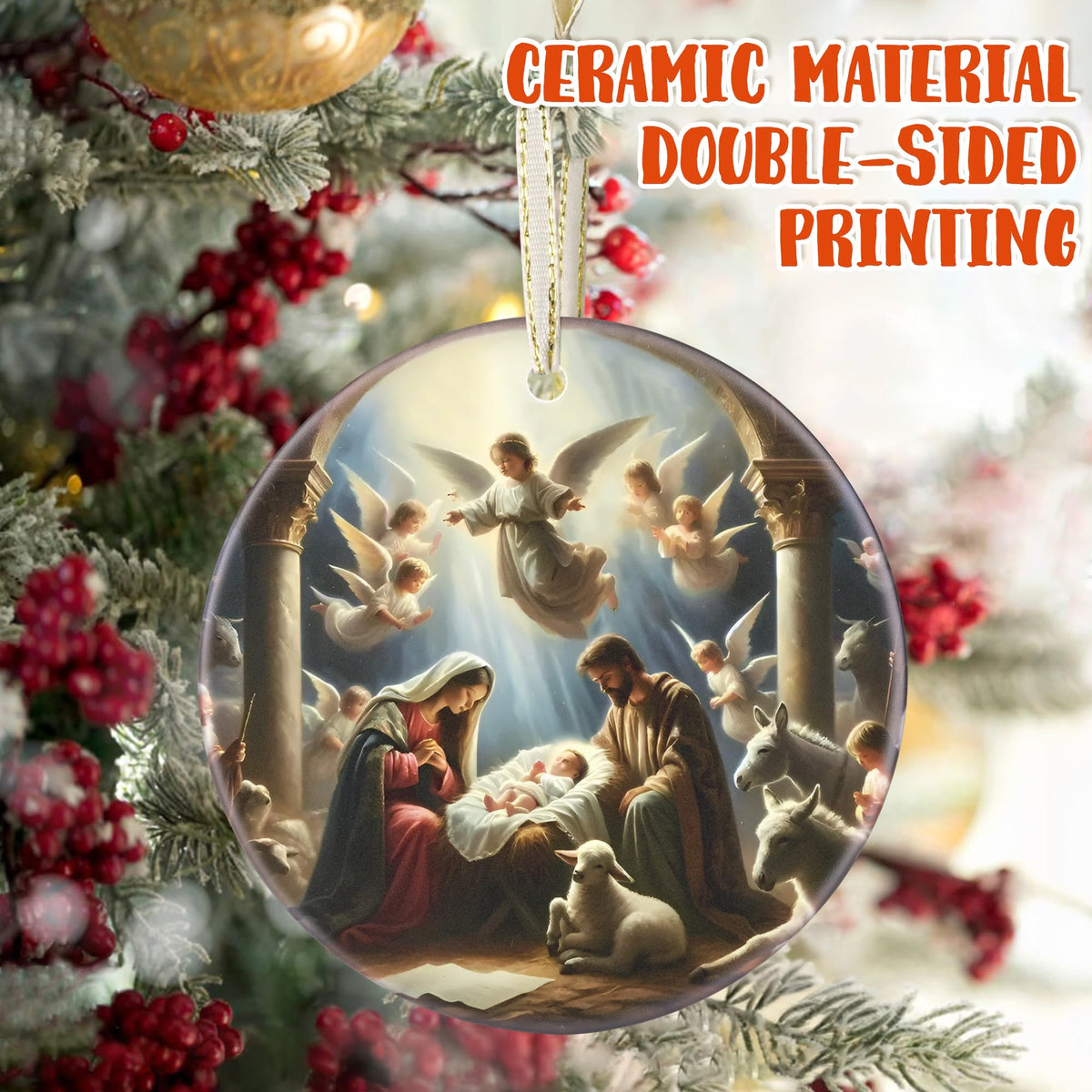 Nativity Christmas Decorations, 3 Inch Ceramic Religious Christmas Ornament, Christmas Tree Ornaments, Christian Gifts for Kids