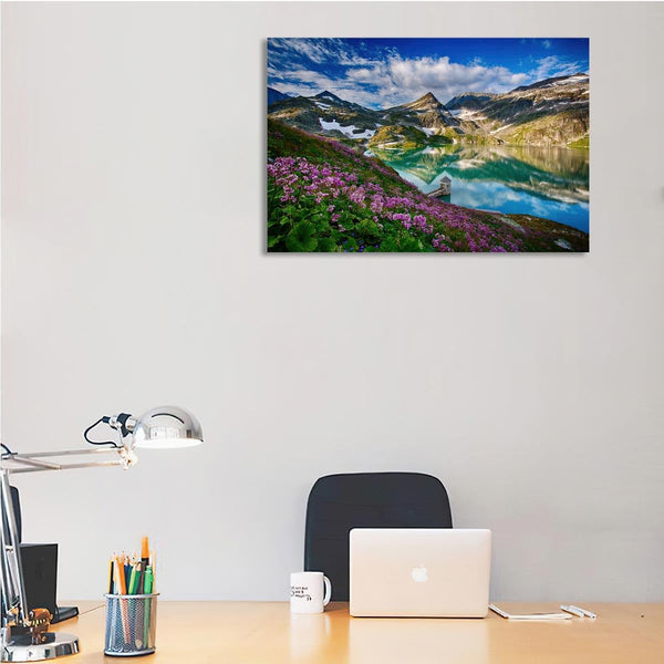 Purple Mountain Fall Canvas Wall Art Landscape Picture Hydrangea Lake Prints Modern Painting Wildflowers Scenery Artwork for Living Room
