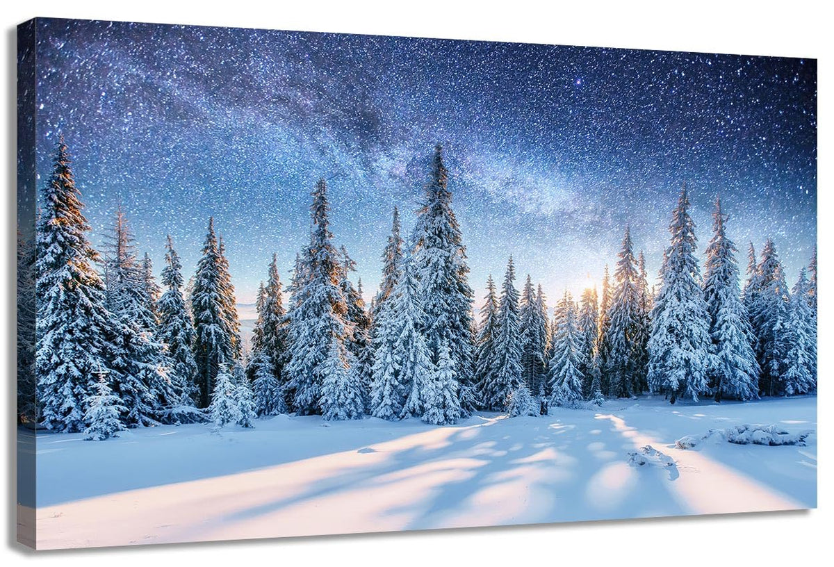 Winter Forest Landscape,Pine Trees In Winter,Magical Snowy Sunset Canvas Wall Art For Living Room Decor Aesthetic Vintage Posters