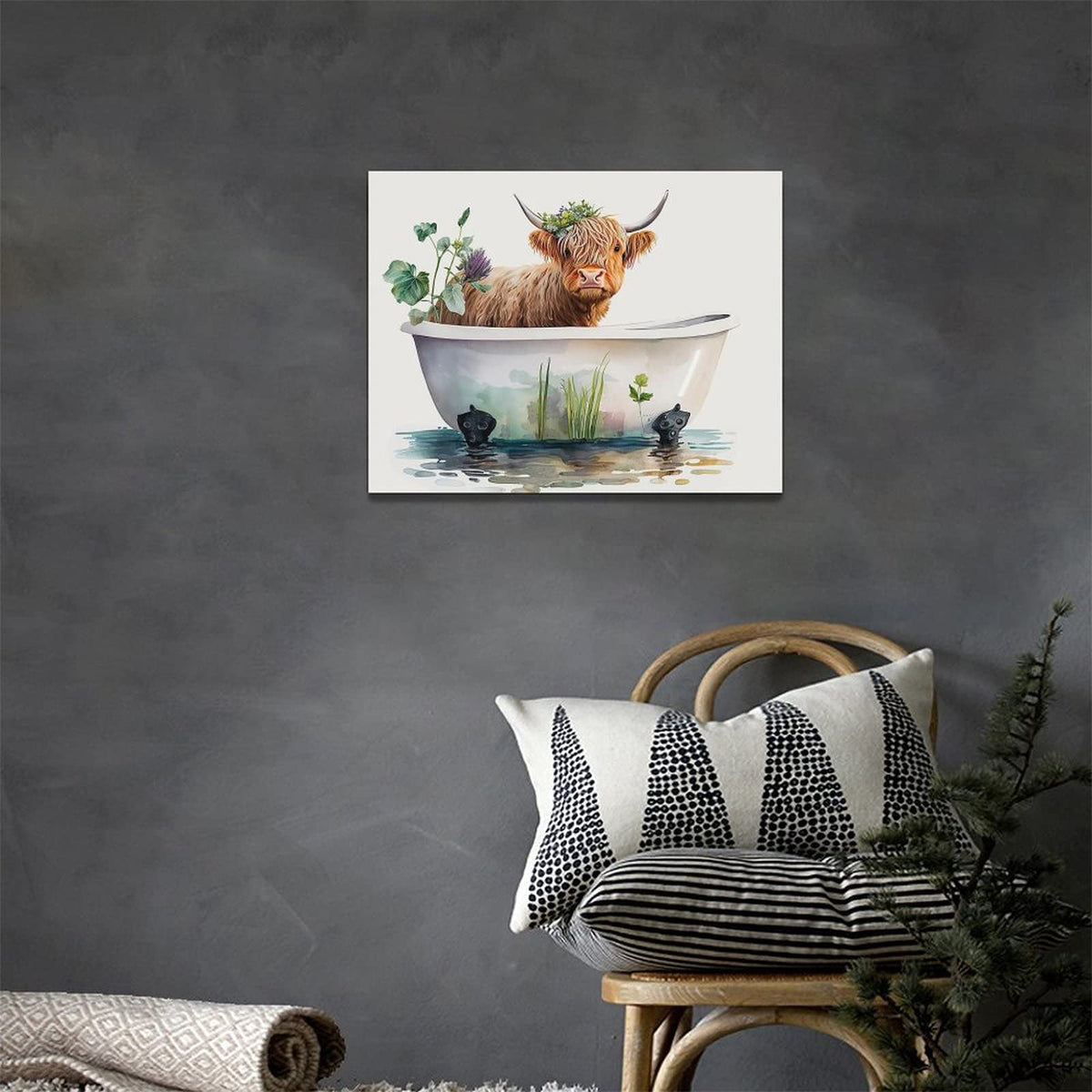 Highland Cow Bathroom Wall Art Longhorn Cow Bathtub Wall Decor Farmhouse Botanical Animals Bathroom Pictures Canvas Painting Print