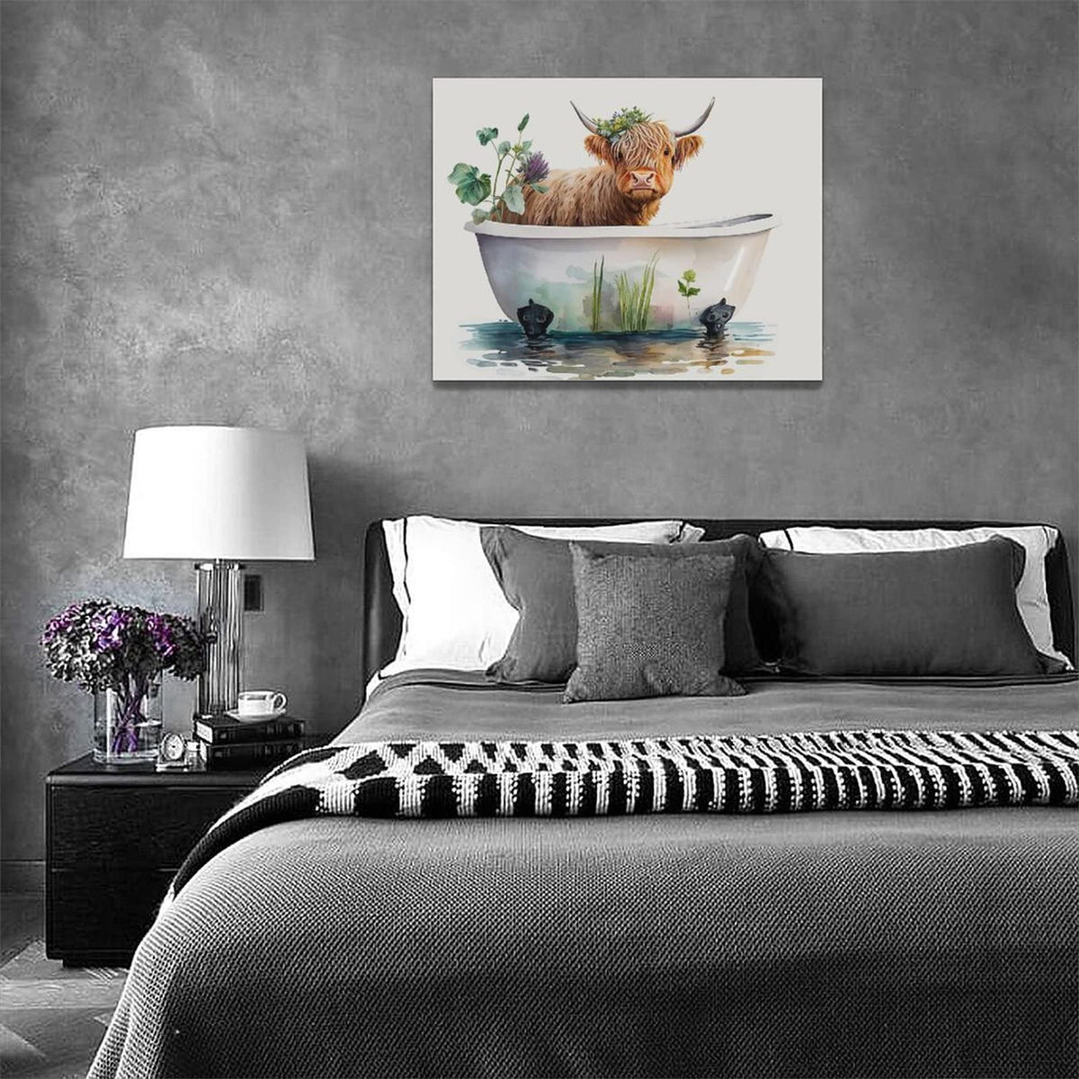 Highland Cow Bathroom Wall Art Longhorn Cow Bathtub Wall Decor Farmhouse Botanical Animals Bathroom Pictures Canvas Painting Print